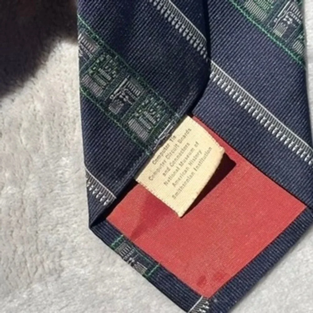 Vintage Smithsonian Navy Blue Circuit Board Tech Silk Blend Necktie Stripe